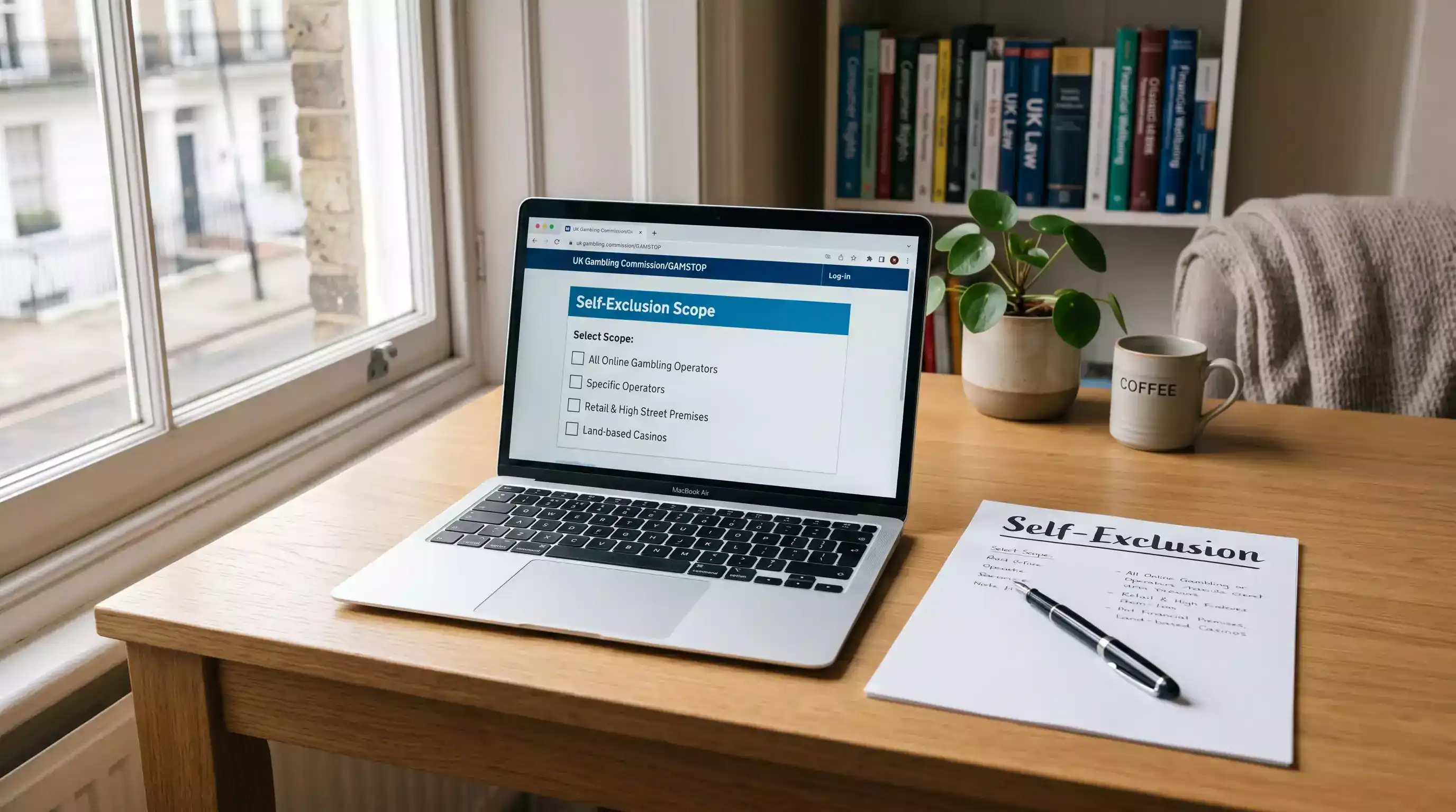 A calm desk scene showing a UK self-exclusion note, a checklist and a laptop with no casino branding