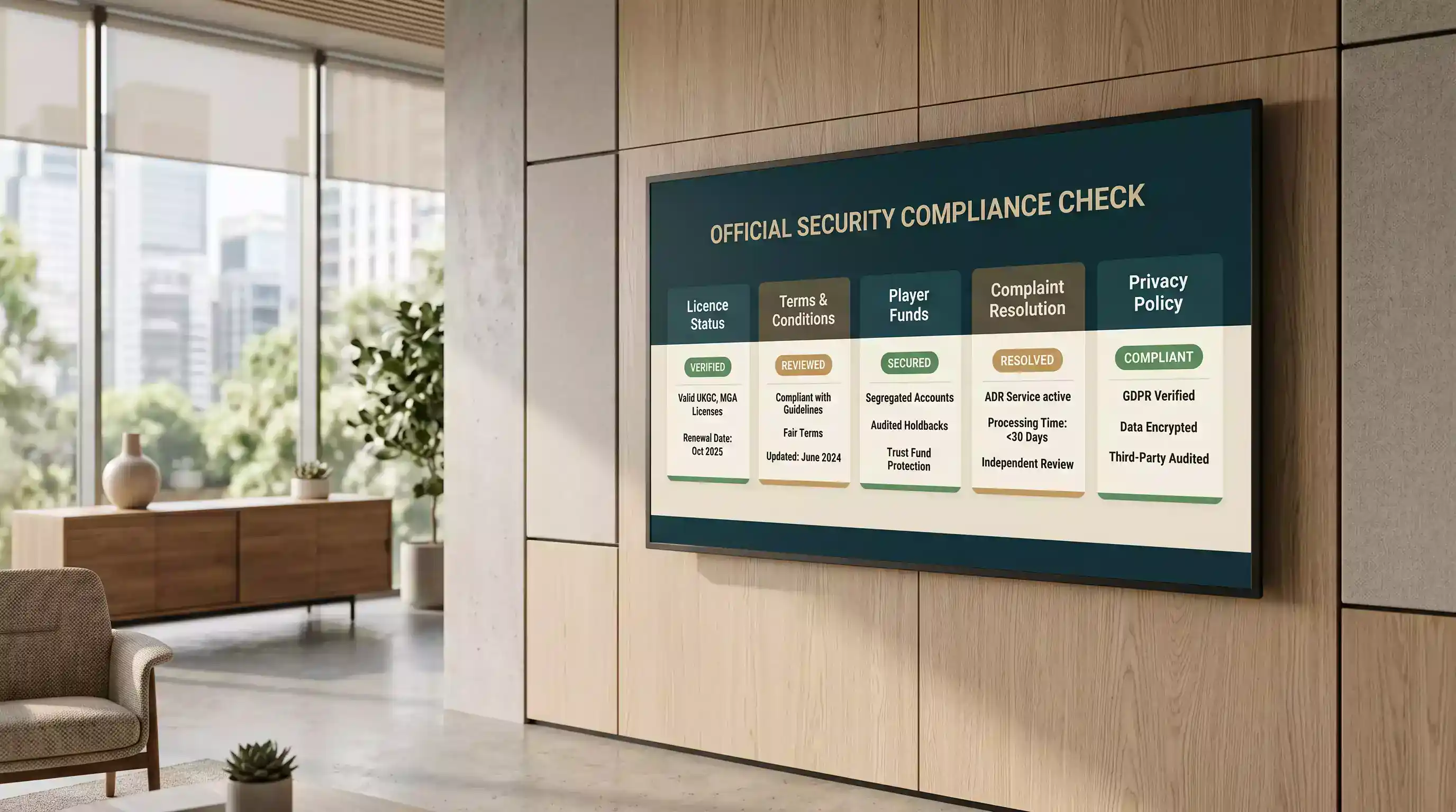 A tidy checklist of official gambling checks with licence, terms, funds, complaints and privacy columns