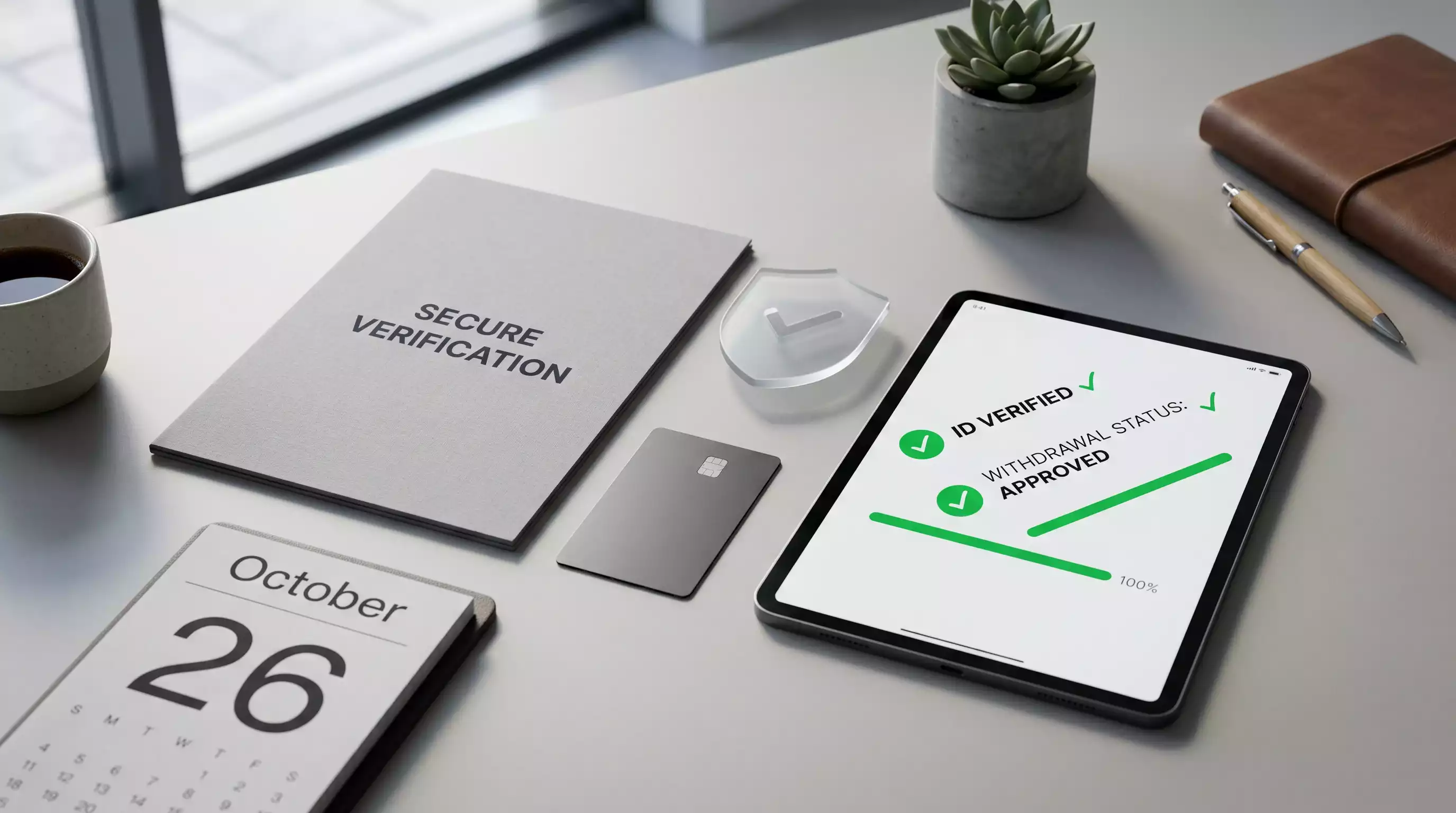A neutral payment and identity checklist with document, deposit and withdrawal items